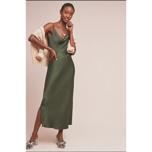 Anthropologie Elyse Bias Slip Dress Women’s Small Moss Green Cowl Neck - Picture 7 of 8